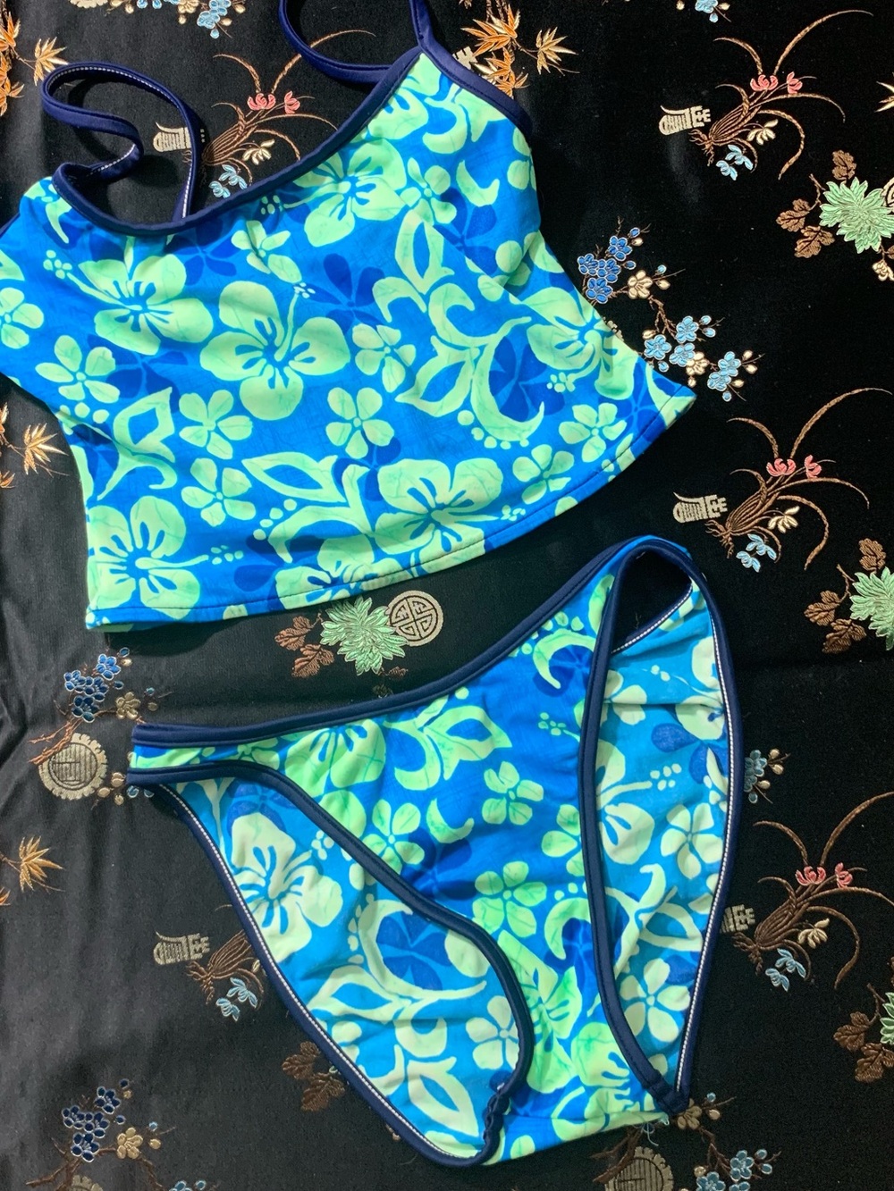 Vintage Raisins blue & green tropical floral Hawaiian bikini set